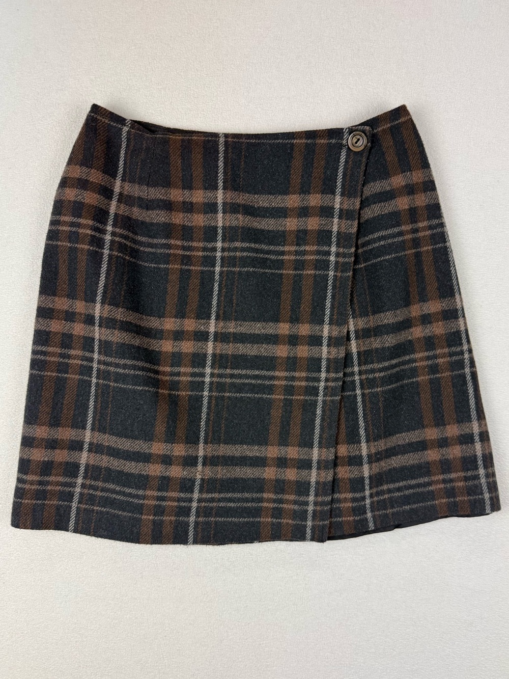 Vintage Plaid Wrap Mini Skirt Wool Blend in Black and Brown